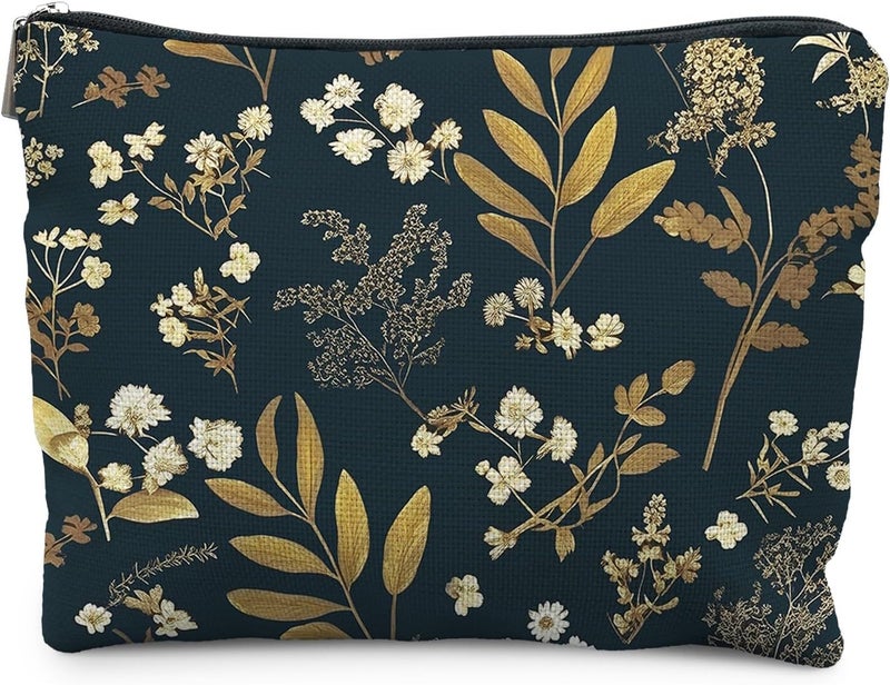 RYYCDOI Vintage Boho Floral Makeup Bag, Dark Moody Wildflowers Floral Cosmetic Bags for Women, Dark Cottagecore Botanical Plant Zipper Makeup Pouch - Image 1